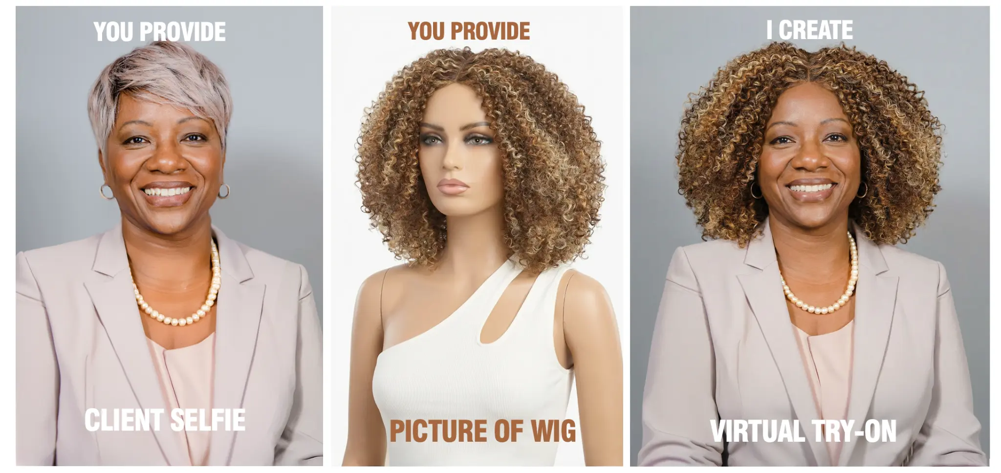 Example 1: Three-panel demonstration showing customer selfie, wig selection, and virtual try-on result